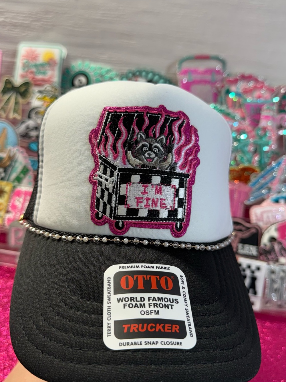 OTTO Black and White Trucker Hat with Pink Glitter Dumpster Patch